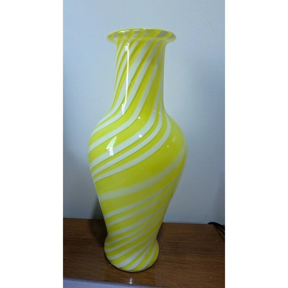 Vintage Yellow White Swirl Art Glass Vase Hand Blown Murano Style 12 Inch Urn